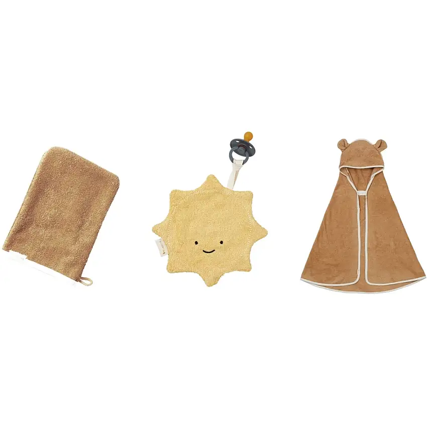 Cofanetto regalo con ciuccio + guanto da bagno + asciugamano per bebé Fabelab Terry