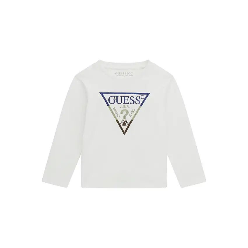 T-shirt con logo del marchio ricamato sul davanti a maniche lunghe per bambino. Guess