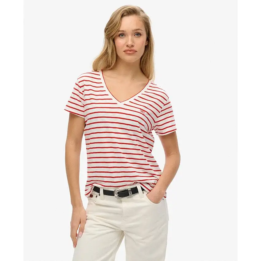 T-shirt mélange con logo ricamato e scollo a V donna Superdry