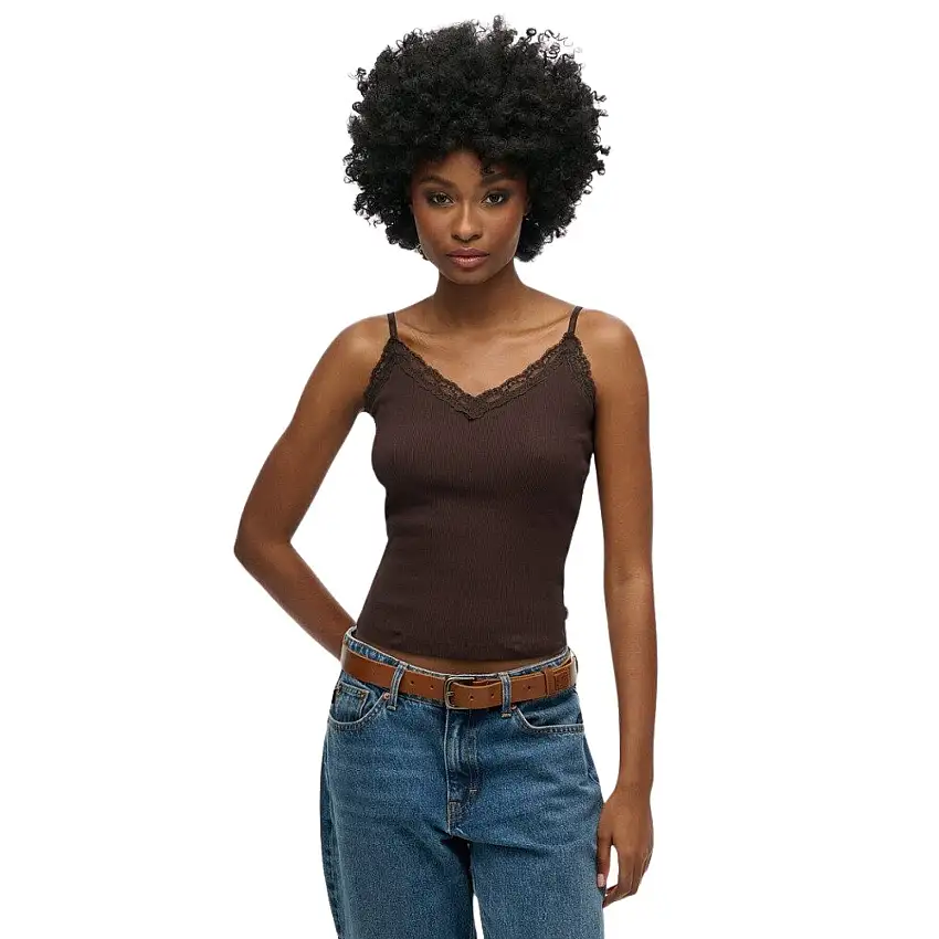 Canottiera da donna a coste in cotone bio con bordo in pizzo Superdry Vintage